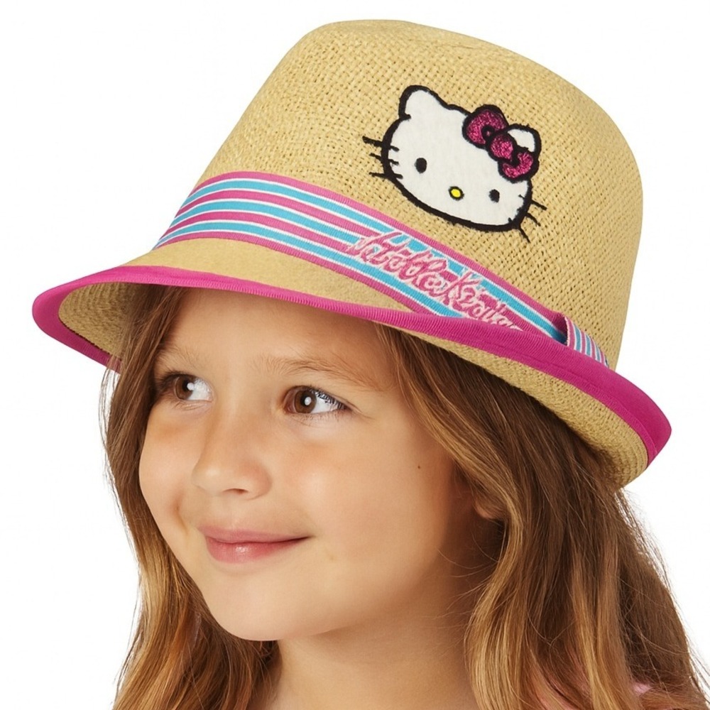 Hello Kitty By Sanrio Fedora‎ Hat M/L Pink Applique Woven Striped Ribbon Kawaii
